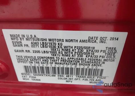 2015 Mitsubishi Outlander Sport Se из США, поврежденный, VIN 4A4AP4AU2FE012096